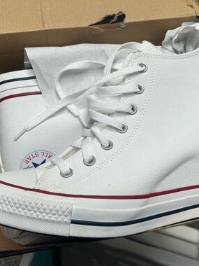 White High Top Canvas Sneakers with Red & Blue Trim